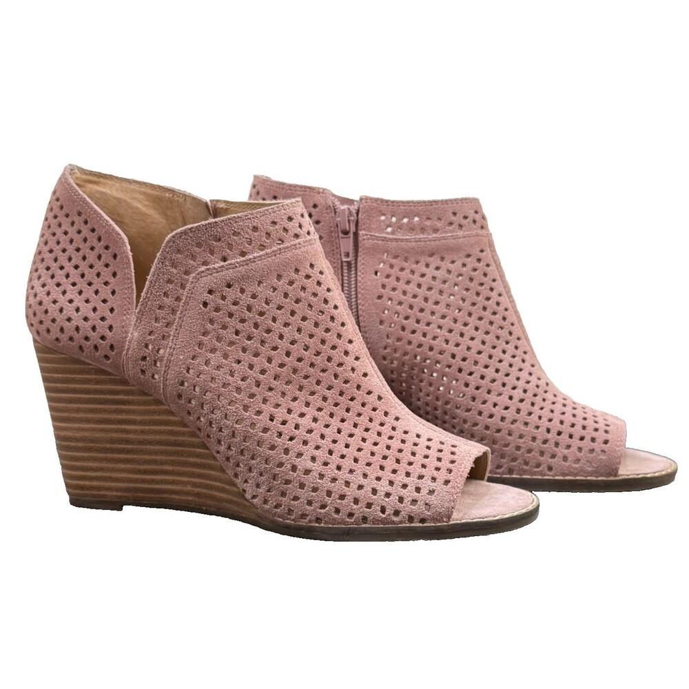 Lucky Brand Wedge Bootie Lilac Suede 8.5 Boho Pierced Peep Toe Jazley Ankle Boot